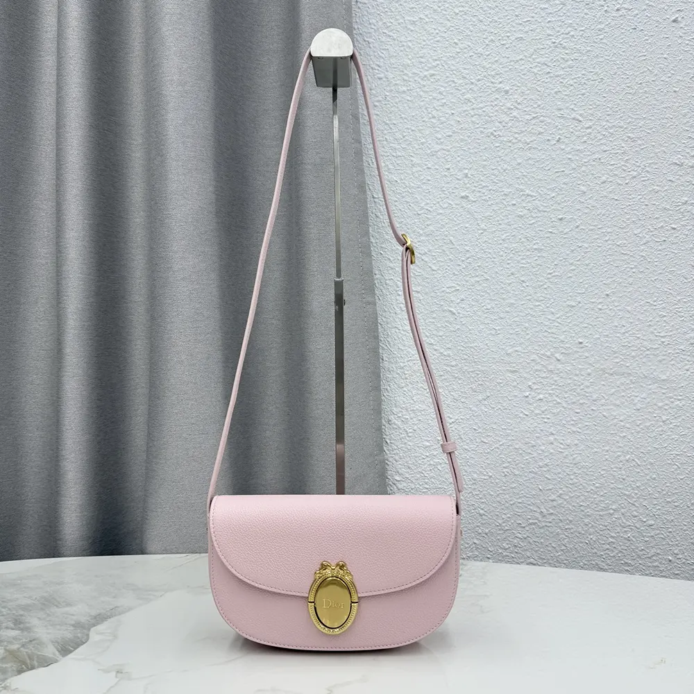 Close-up of silver Dior Médaillon hardware on pink flap bag