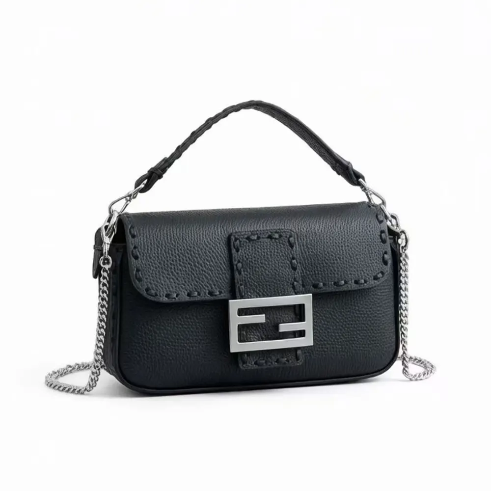 Front view of Fendi Women Baguette® Mini Black Selleria Bag