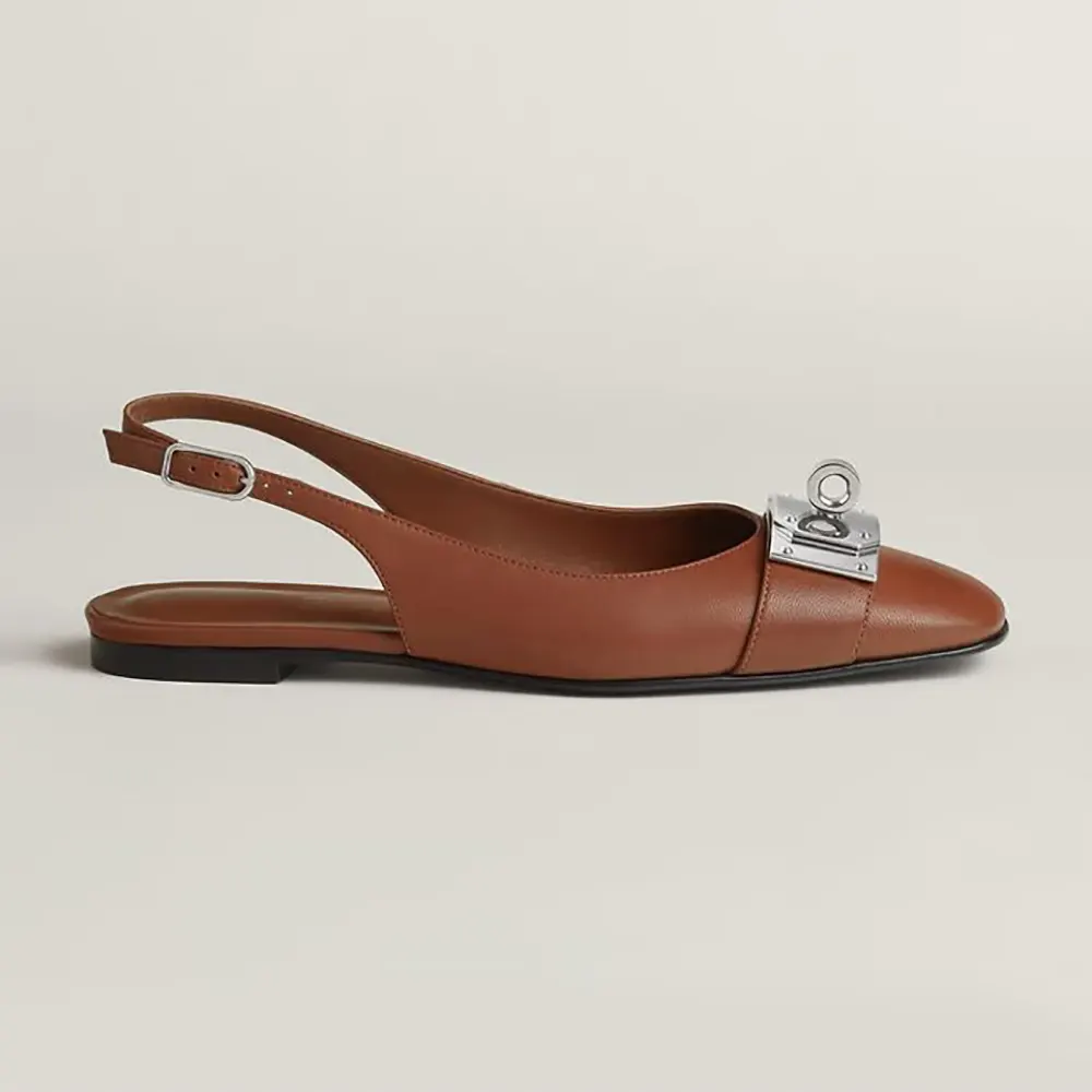 Side view of Hermes Women Gold Innocente Slingback with Kelly Buckle-Brown