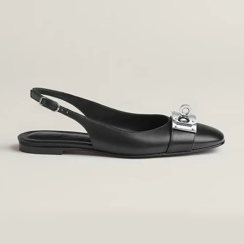 Side view of Hermes Women Gold Innocente Slingback with Kelly Buckle-Black