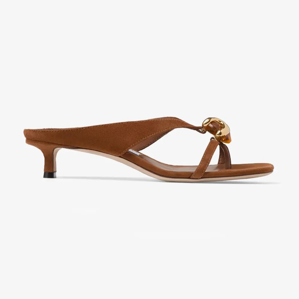 Side view of Jimmy Choo Women Emeri Stone 35 Tan Suede Sandals with stone detail