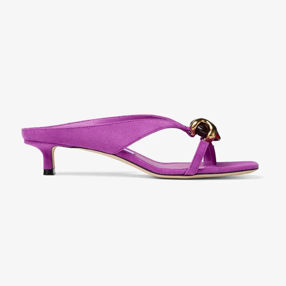 Front angle of Jimmy Choo Women Emeri Stone 35 Violet Orchid And Dark Amber Suede Sandals
