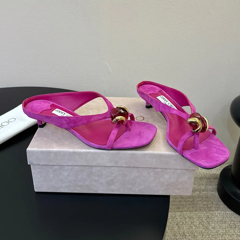 Side profile showing 35mm heel of Jimmy Choo Women Emeri Stone 35 sandals