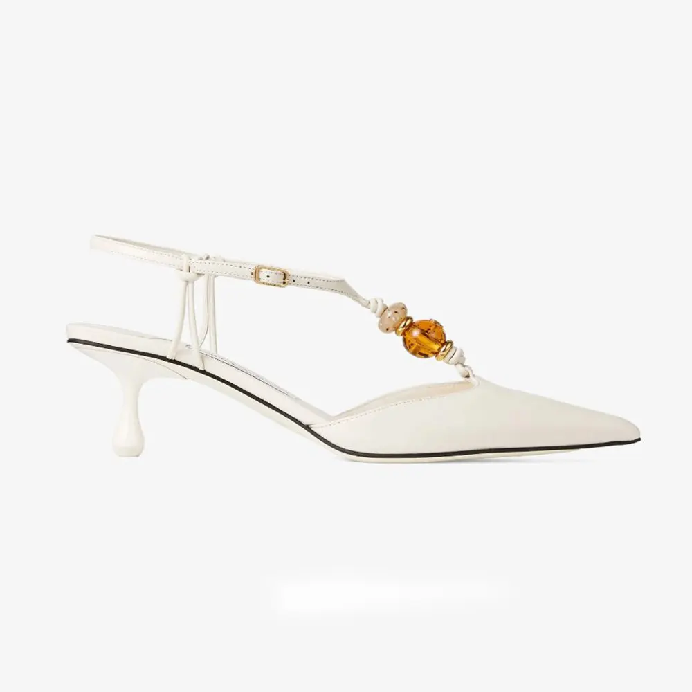 Side view of Jimmy Choo Women Lauri 50 Latte Mix Nappa Leather Slingbacks with Beads-White