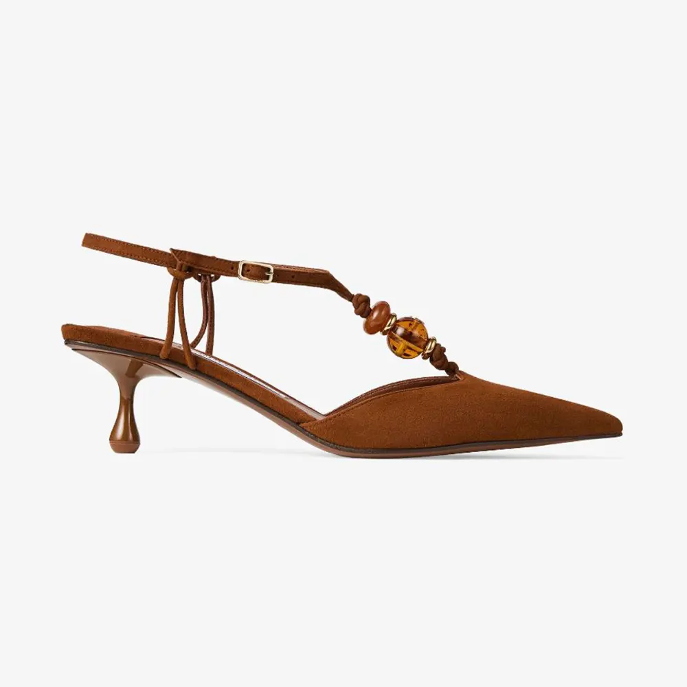 Side view of Jimmy Choo Women Lauri 50 Tan Mix Suede Slingbacks with Beads-Brown