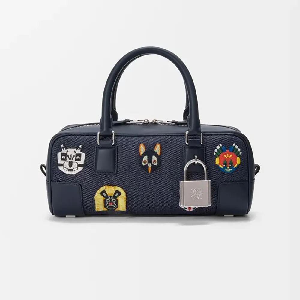 Front view of Loewe Unisex Cats Amazona 23 Cropped Bag in embroidered denim