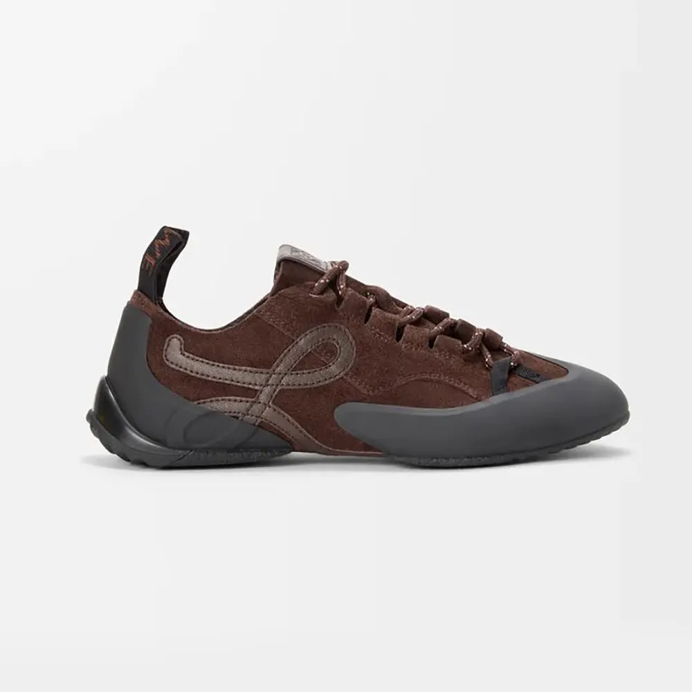 Side profile of Loewe Unisex Grip Sneaker in dark brown calfskin suede