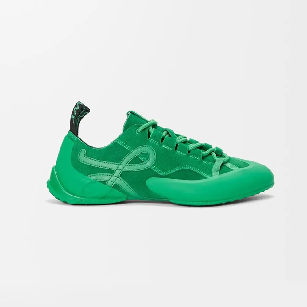 Side profile of Loewe Unisex Grip Sneaker in Calfskin Suede-Jungle Green