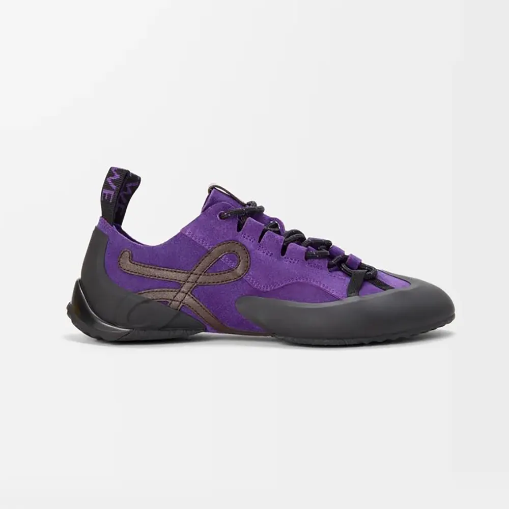 Side view of Loewe Unisex Grip Sneaker in calfskin suede purple brown