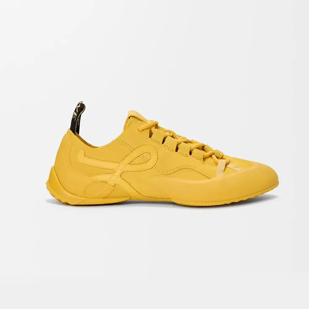 Side view of Loewe Unisex Grip Sneaker in Calfskin Suede-Yellow