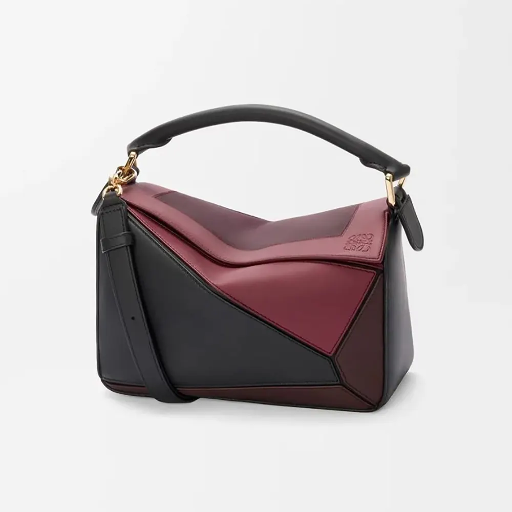 Front view of Loewe Unisex Small Puzzle Bag in Black and Burgundy