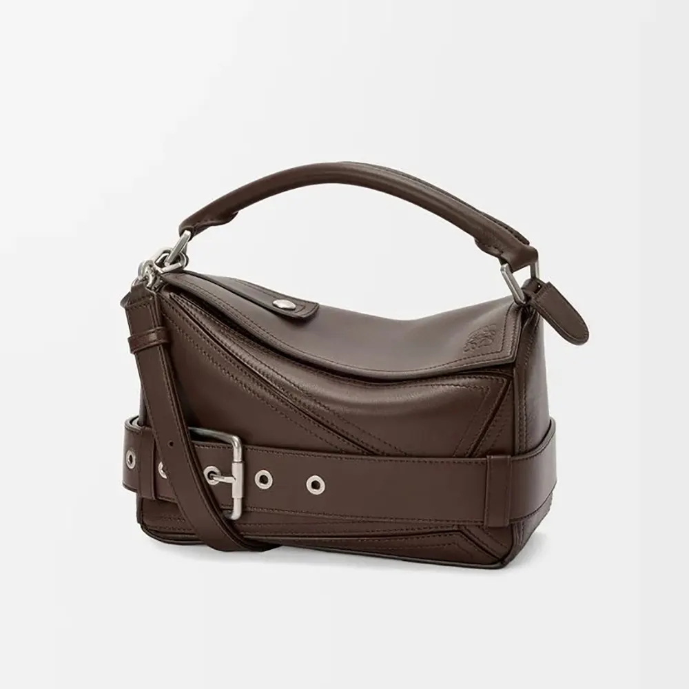 Front view of Loewe Unisex Small Puzzle Biker Bag in shiny dark chestnut calfskin