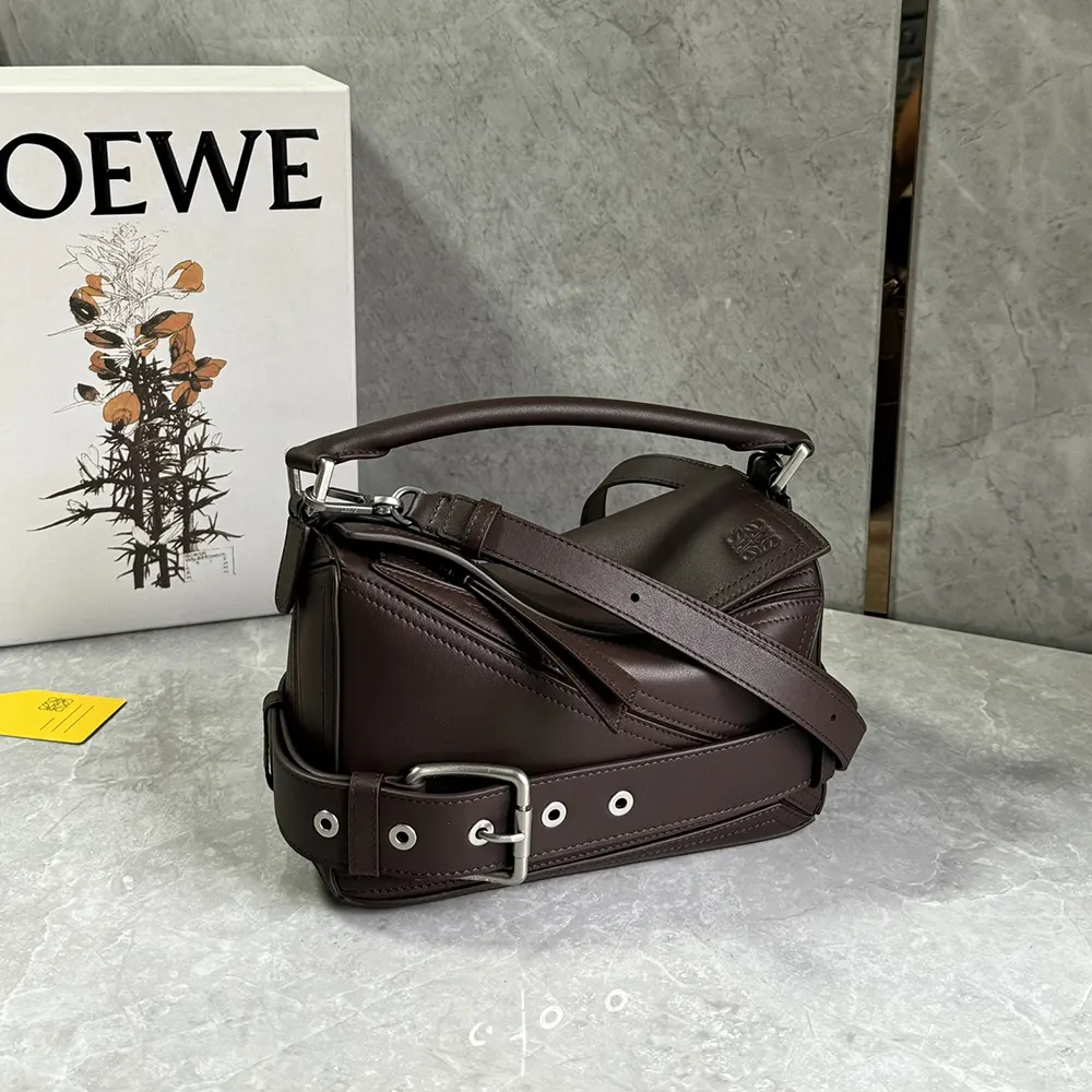 Loewe Unisex Small Puzzle Biker Bag in Shiny Calfskin-Dark Chestnut - image 4