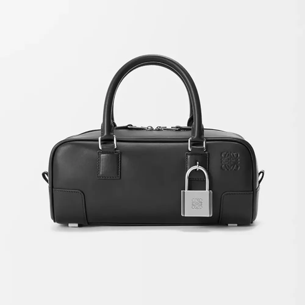 Front angle of Loewe Women Amazona 23 Cropped Bag in shiny black calfskin