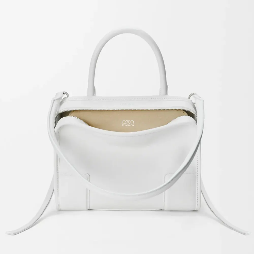 Front view of Loewe Women Large Amazona 180 Bag in Soft Calfskin-White