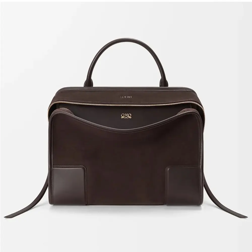 Front view of Loewe Women Large Amazona 180 Bag in beige suede