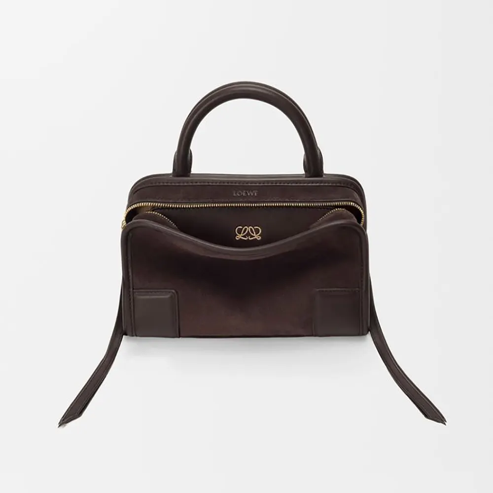 Front view of Loewe Women Mini Amazona 180 Bag in suede dark chestnut