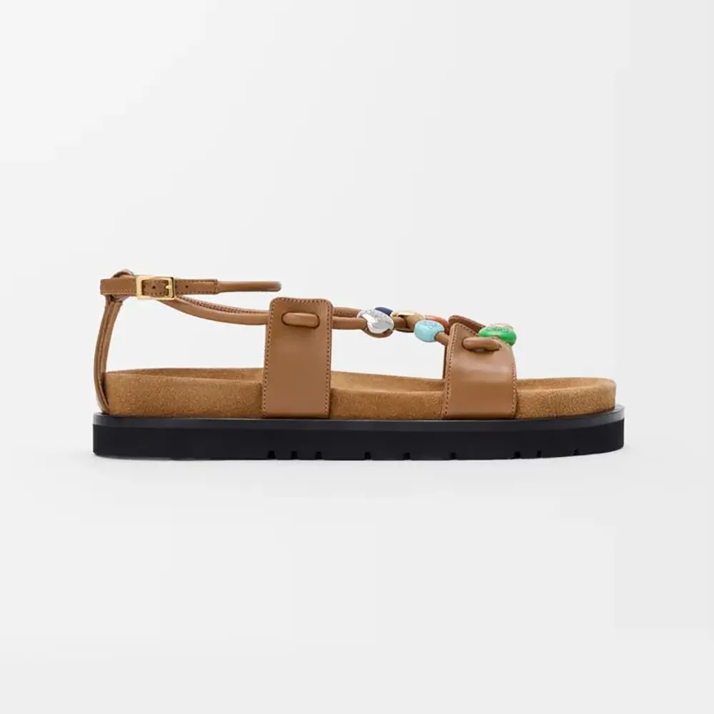 Side view of Loewe Women Pebble Beads Fussbett Sandal in camel leather