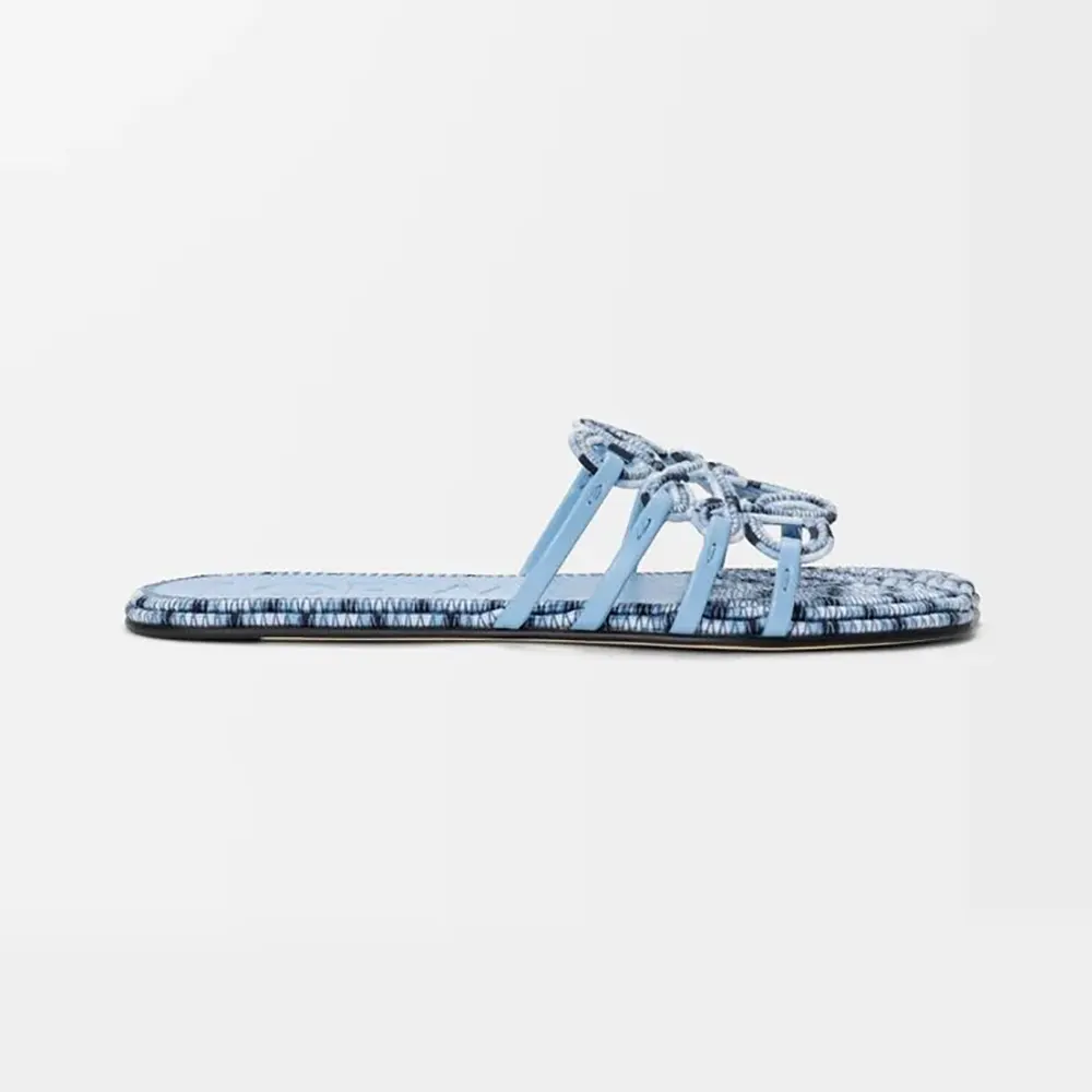 Side view of Loewe Women Petal Anagram Slide in baby blue embroidered canvas