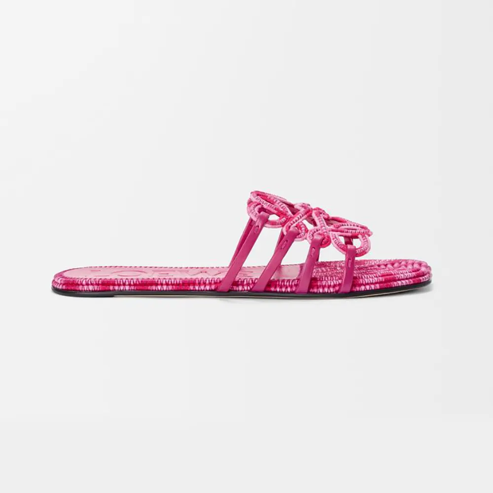 Side angle of Loewe Women Petal Anagram Slide in Embroidered Canvas-Orchid