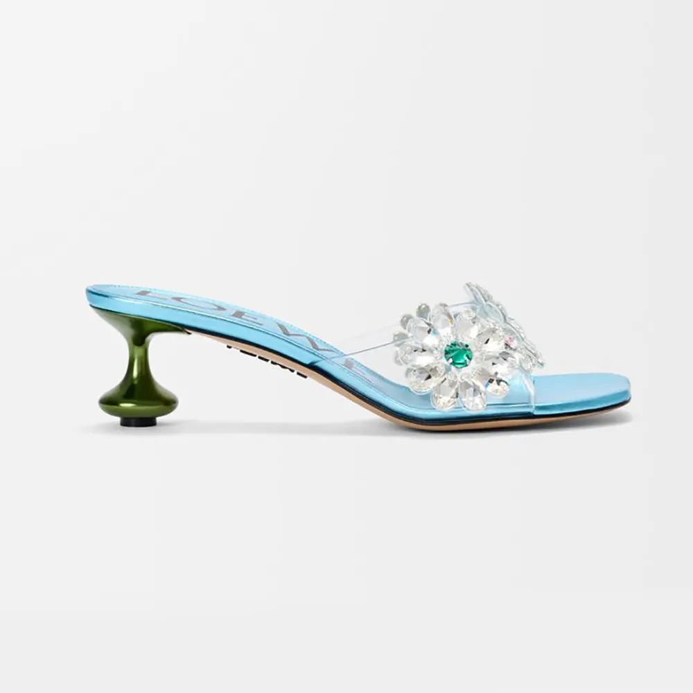 Side view of Loewe Women Toy Crystal Flowers sandal in blue PVC