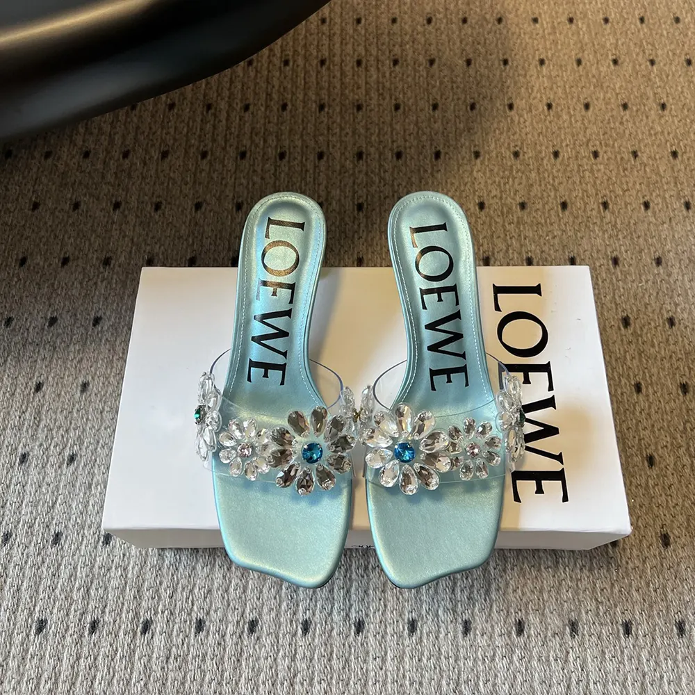 Close-up of crystal flower details on Loewe Women Toy Crystal Flowers sandal