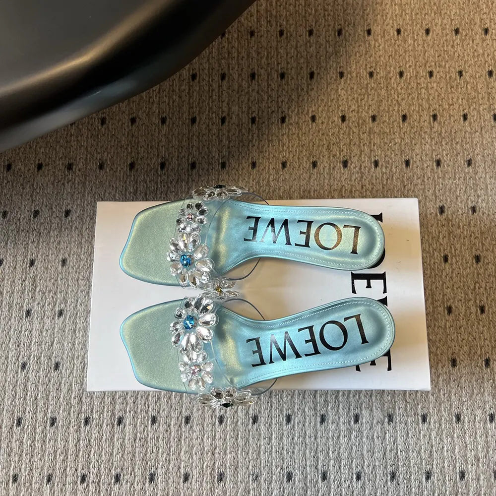 Top-down angle showing buckle and heel on Loewe Women Toy Crystal Flowers sandal