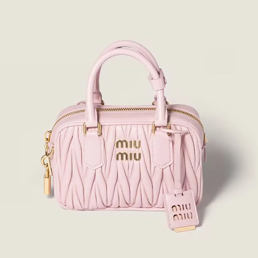 Front view of Miu Miu Women Arcadie Matelassé Nappa Leather Bag-Alabaster Pink