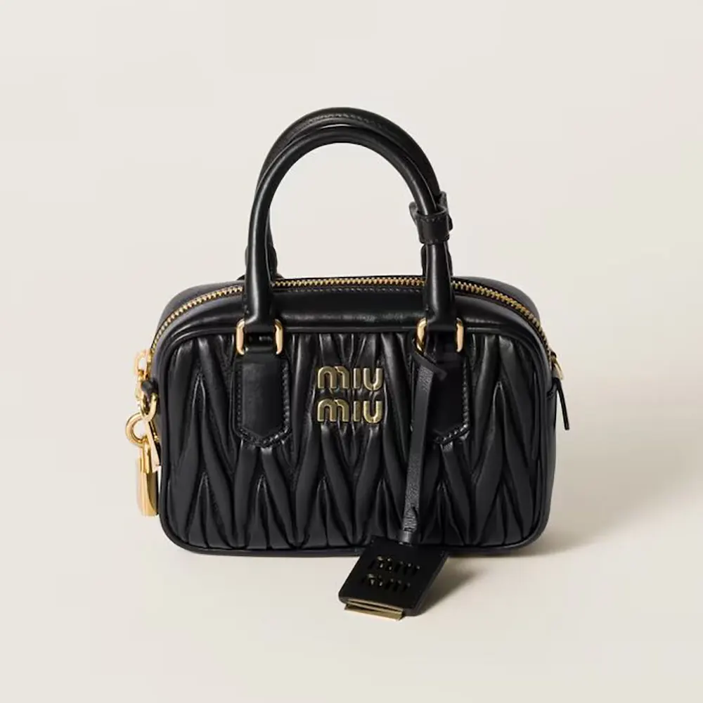 Front view of Miu Miu Women Arcadie Matelassé Nappa Leather Bag-Black
