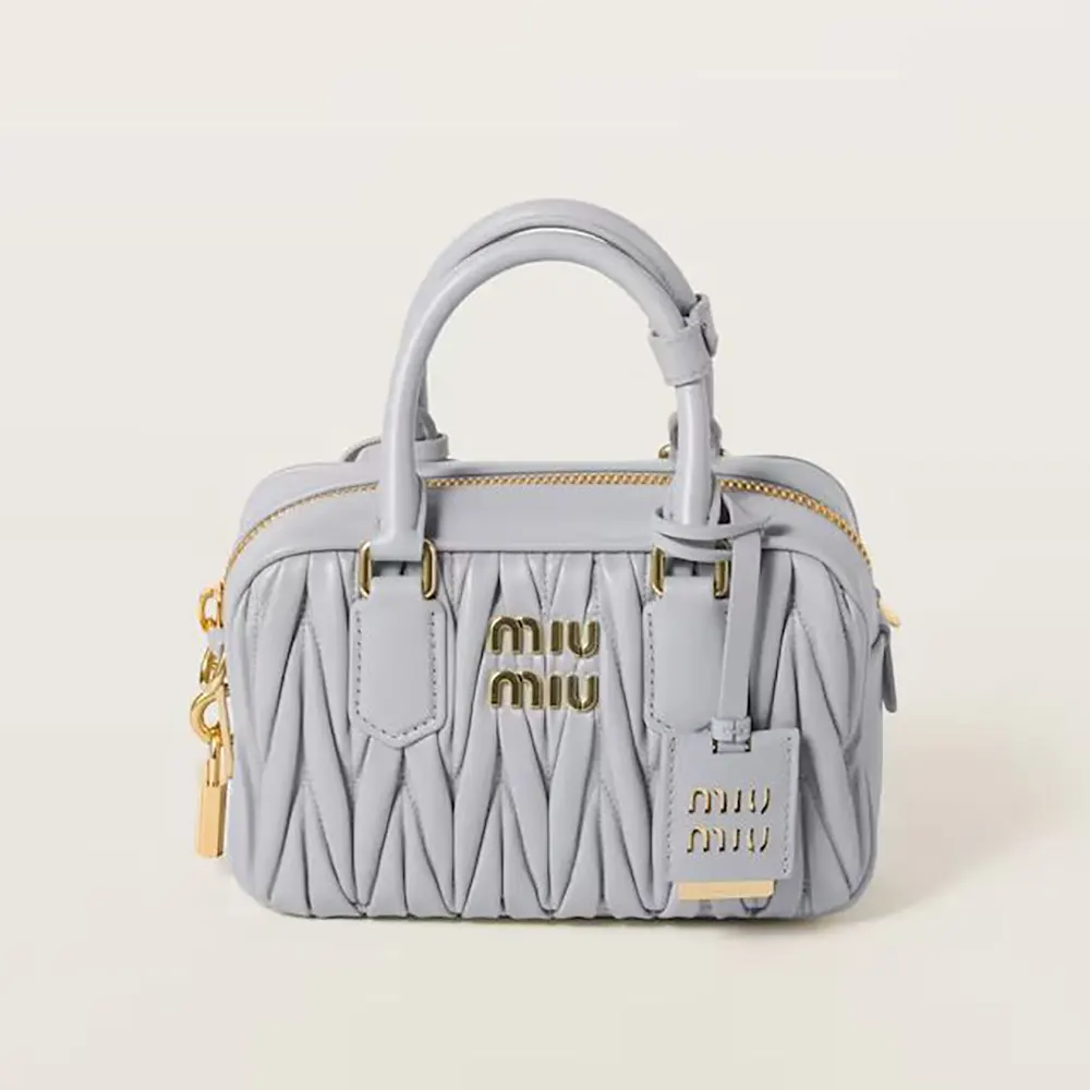 Front view of Miu Miu Women Arcadie Matelassé Nappa Leather Bag-Pearl Gray