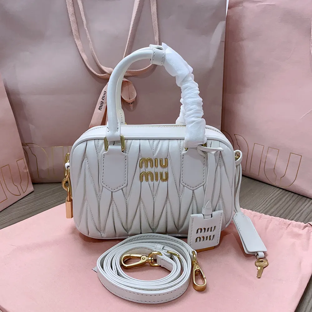 Close-up of quilted nappa leather detail on Miu Miu Women Arcadie Bag