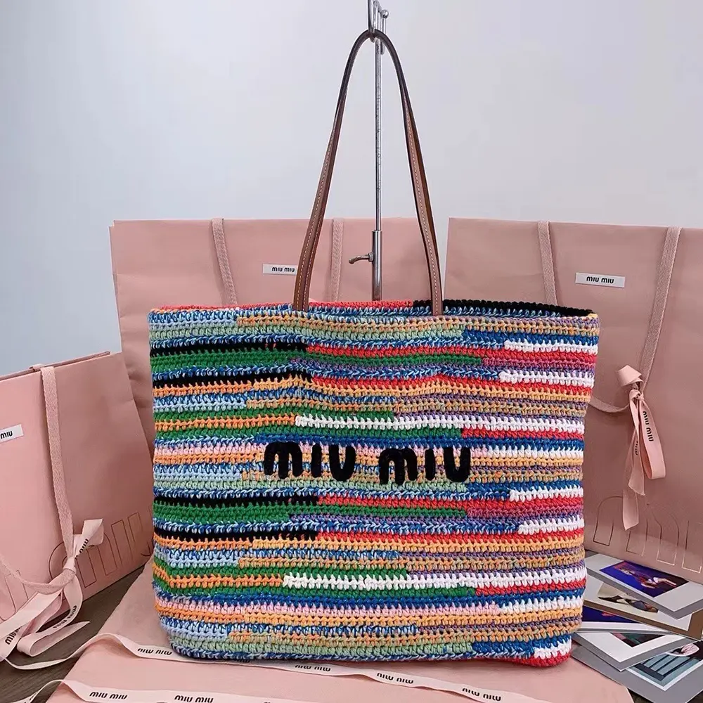 Close-up of handwoven crochet texture on Miu Miu Women Crochet Tote Bag-Multicolored