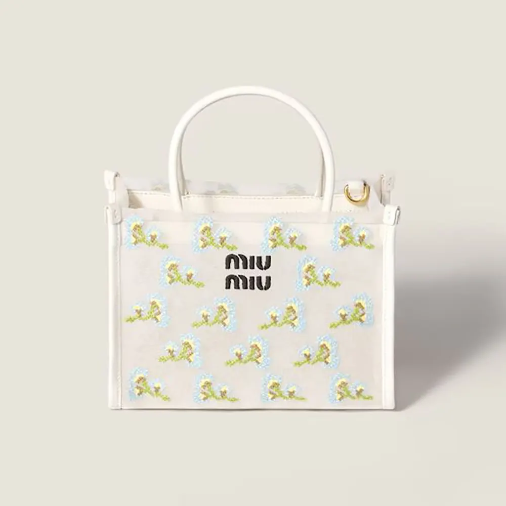 Front view of Miu Miu Women Embroidered Mesh Top-Handle Bag in white