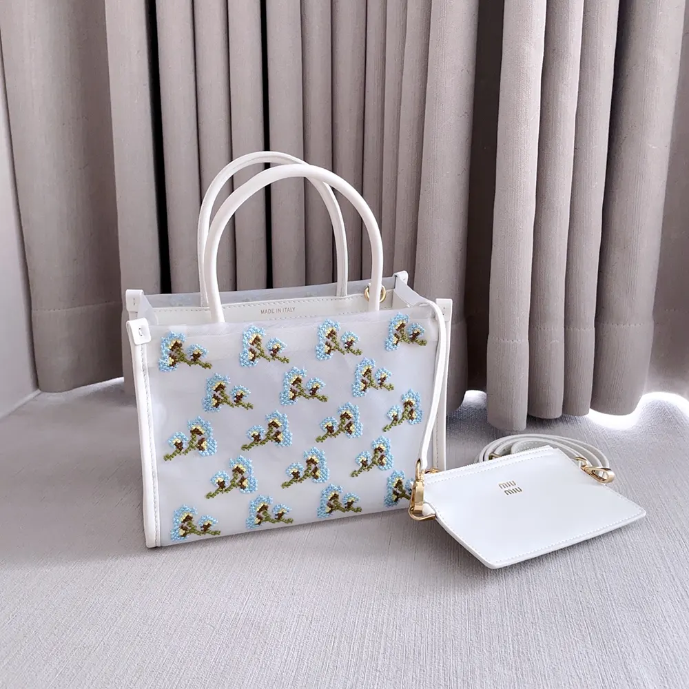 Side angle showing top-handle and silhouette of Miu Miu mesh bag