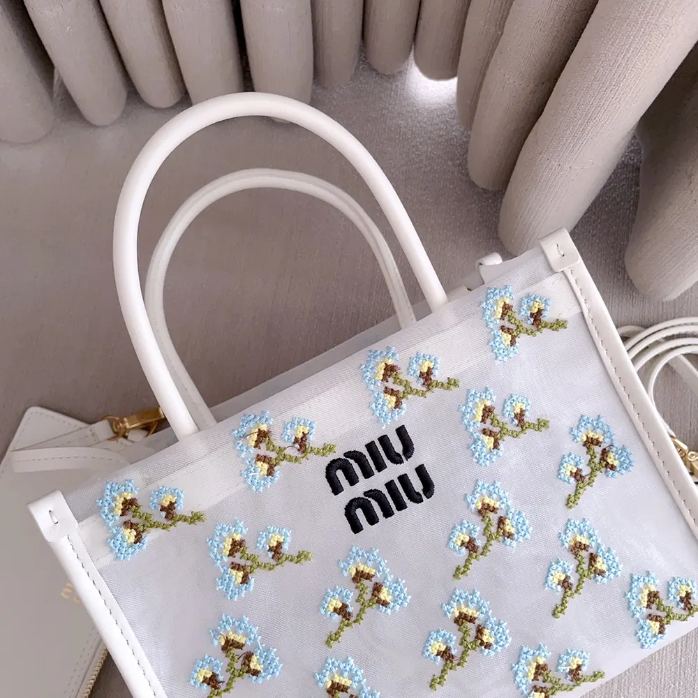 Miu Miu Women Embroidered Mesh Top-Handle Bag - image 9