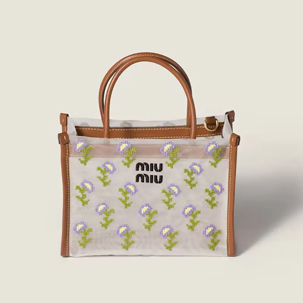 Front view of Miu Miu Women Embroidered Mesh Top-Handle Bag in brown