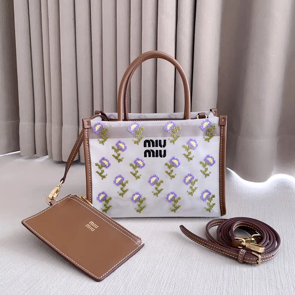 Close-up of embroidered mesh detail on Miu Miu Women Embroidered Mesh Top-Handle Bag