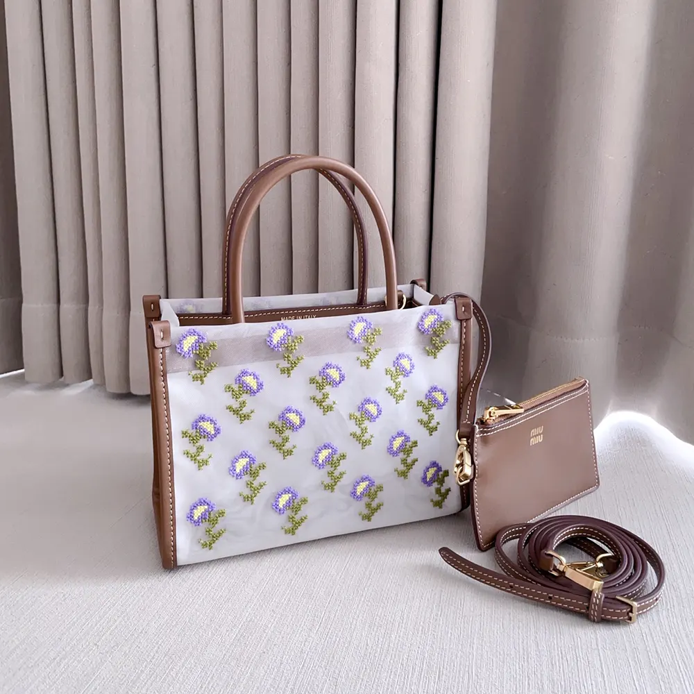 Side angle showing gold hardware on Miu Miu Women Embroidered Mesh Top-Handle Bag