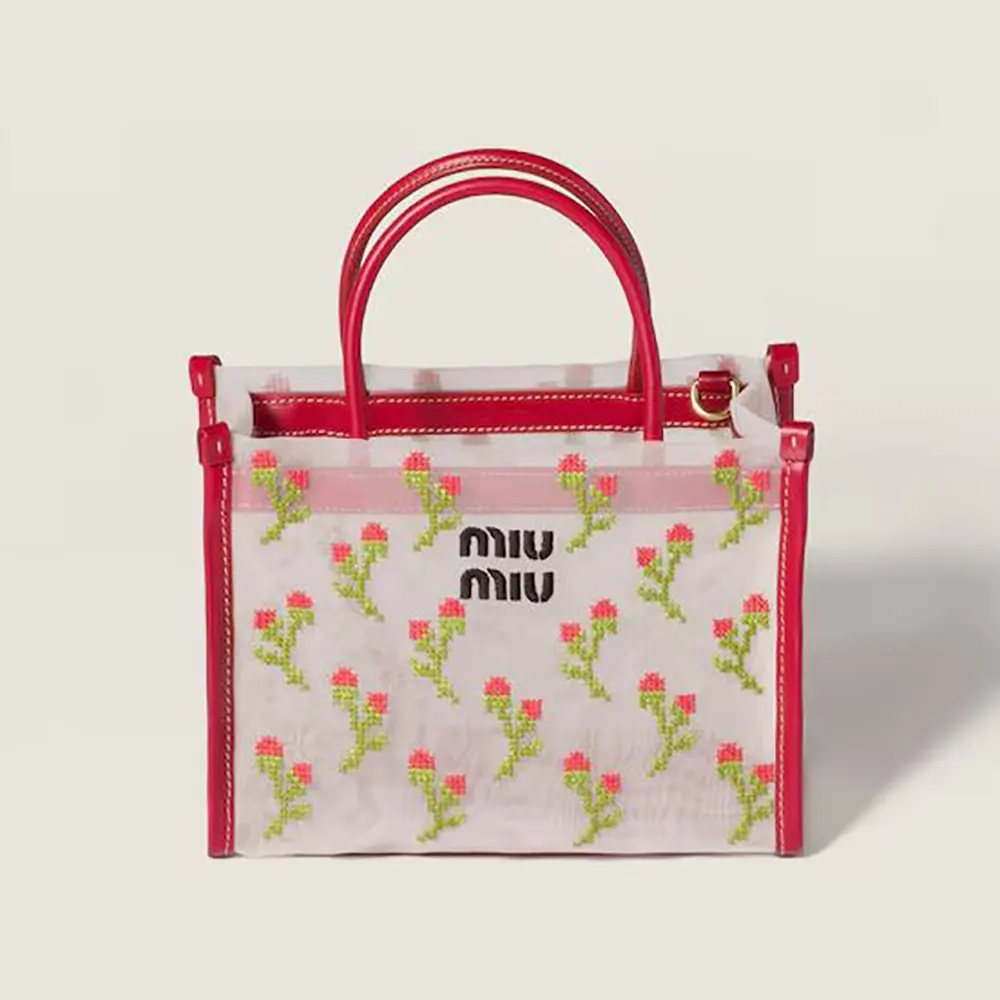 Front view of Miu Miu Women Embroidered Mesh Top-handle Bag-Red