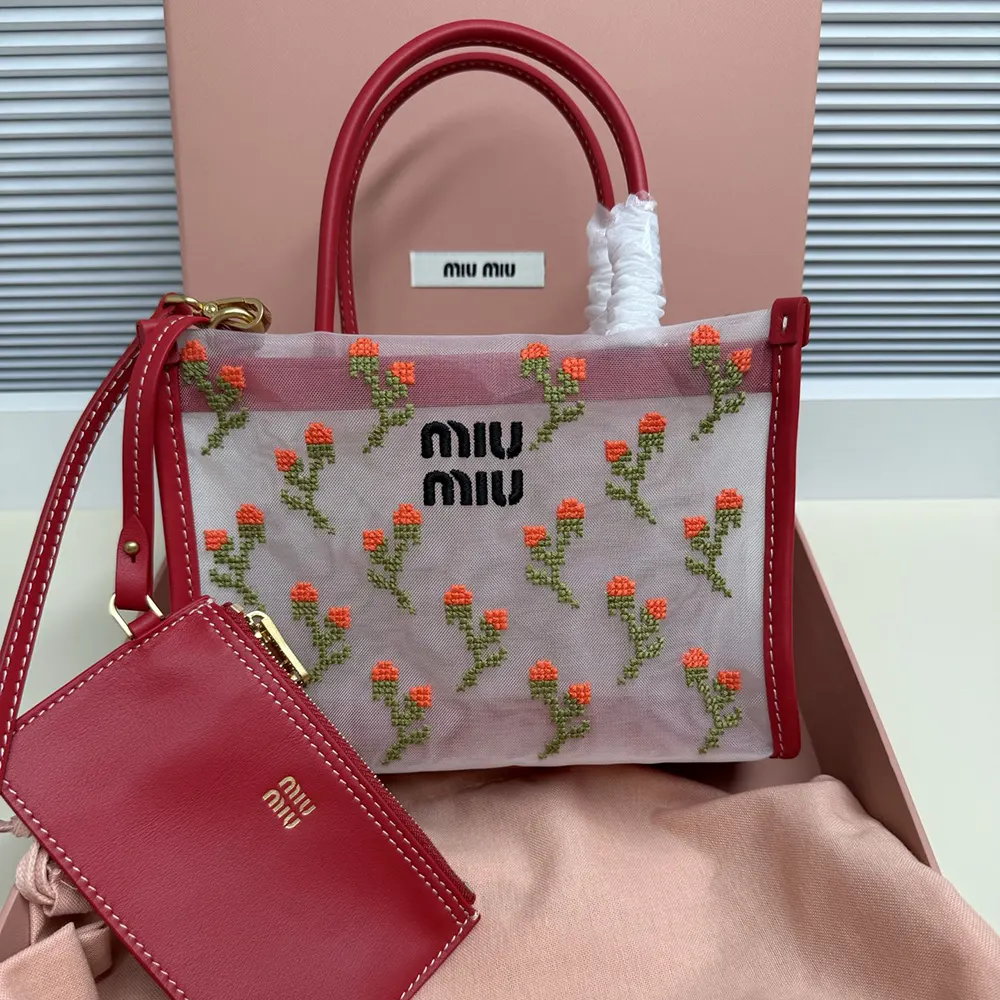 Close-up of embroidered mesh detail on Miu Miu Women Embroidered Mesh Top-handle Bag-Red