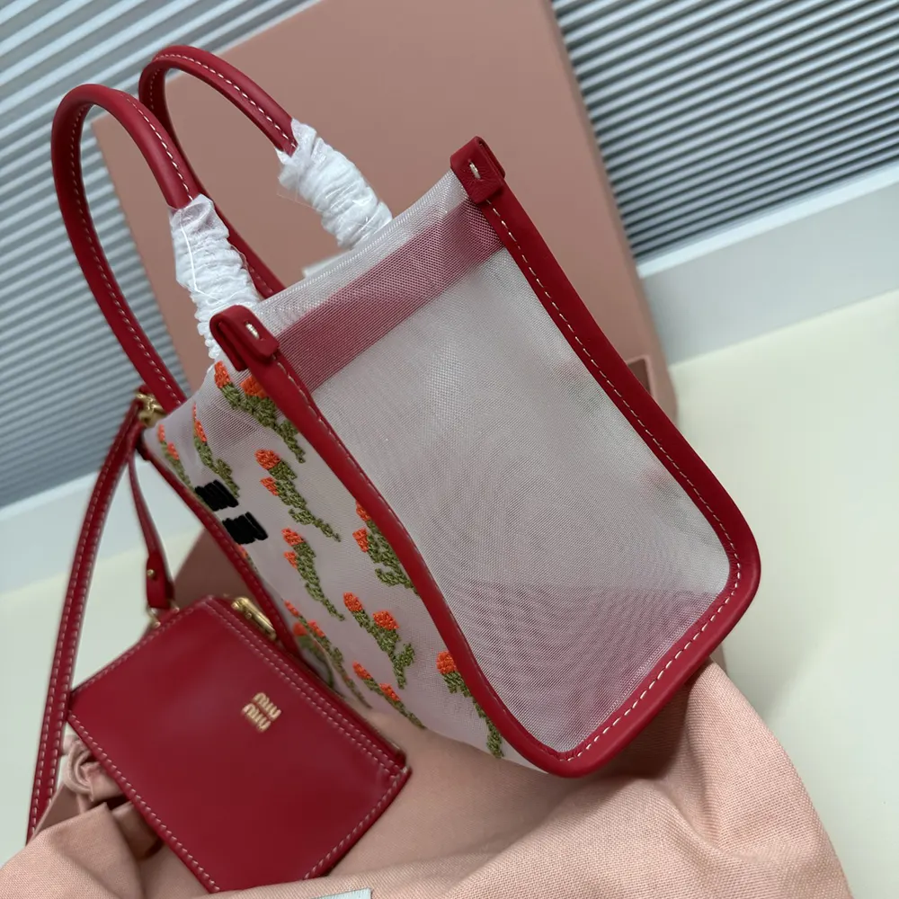 Miu Miu Women Embroidered Mesh Top-handle Bag-Red - image 4