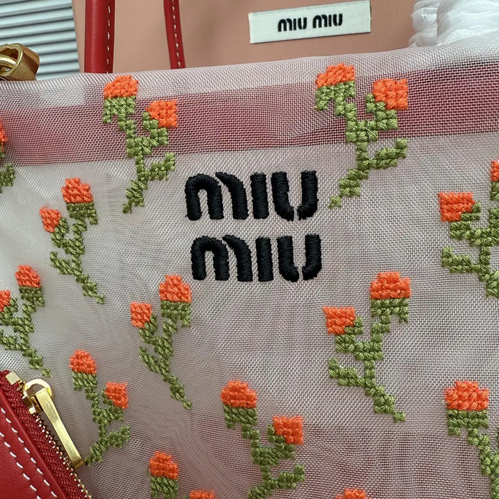 Miu Miu Women Embroidered Mesh Top-handle Bag-Red - image 9