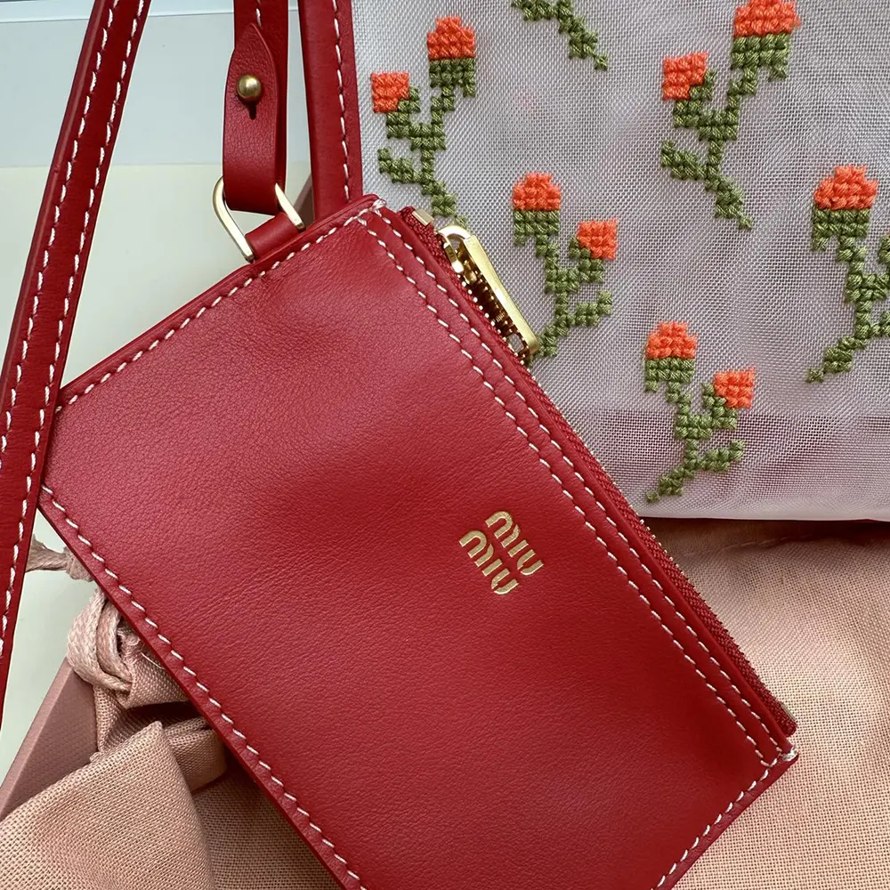 Miu Miu Women Embroidered Mesh Top-handle Bag-Red - image 6