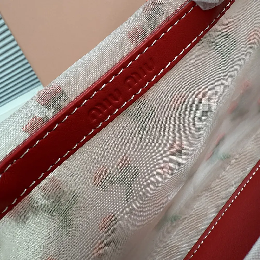 Miu Miu Women Embroidered Mesh Top-handle Bag-Red - image 7
