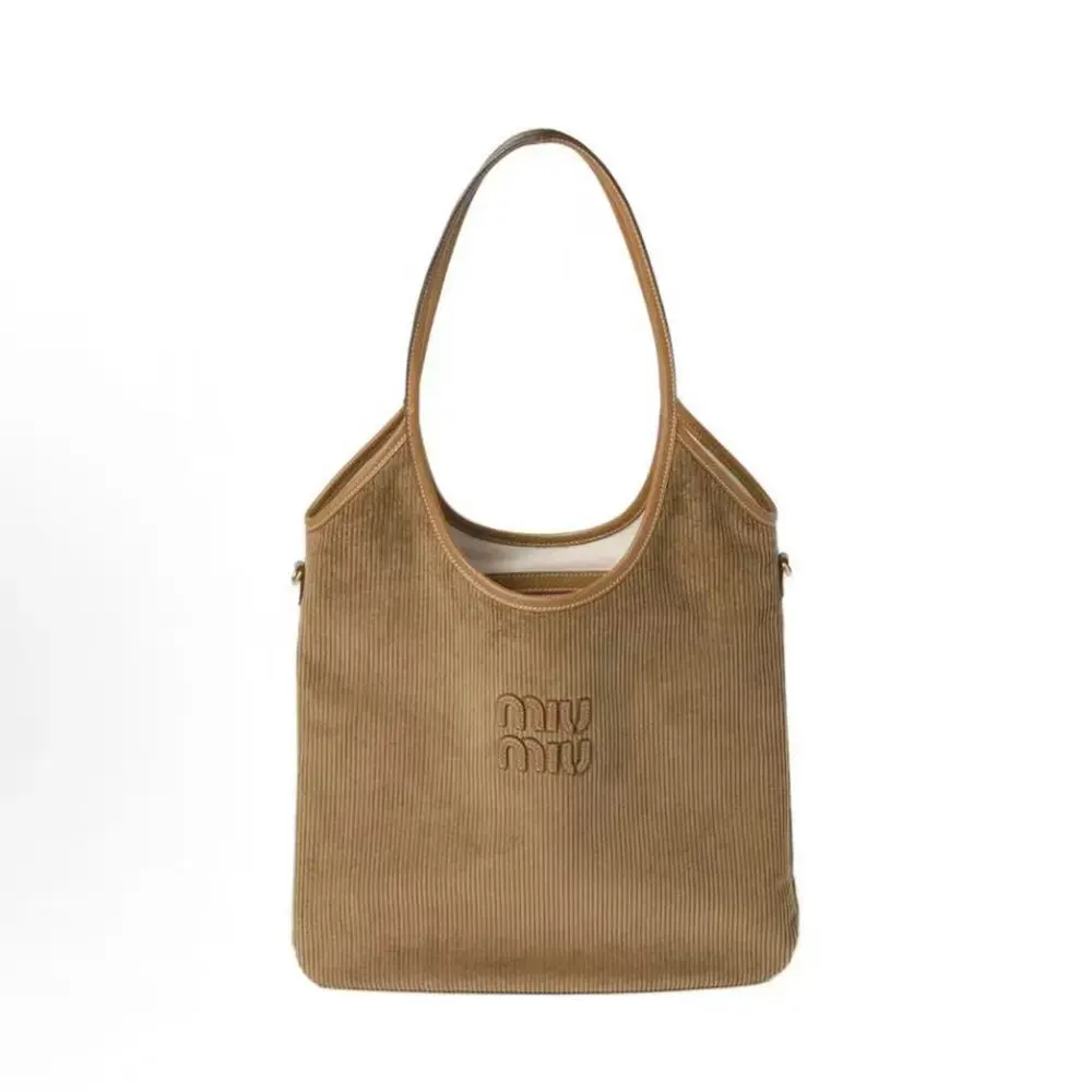 Front view of Miu Miu Women IVY Corduroy Bag with Leather Lettering Logo-Brown