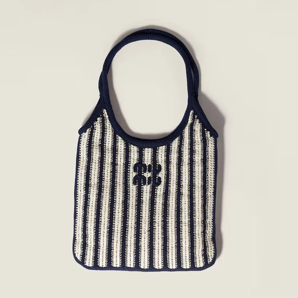 Front view of Miu Miu Women Ivy Crochet Bag-Blue/Chalk White with strap