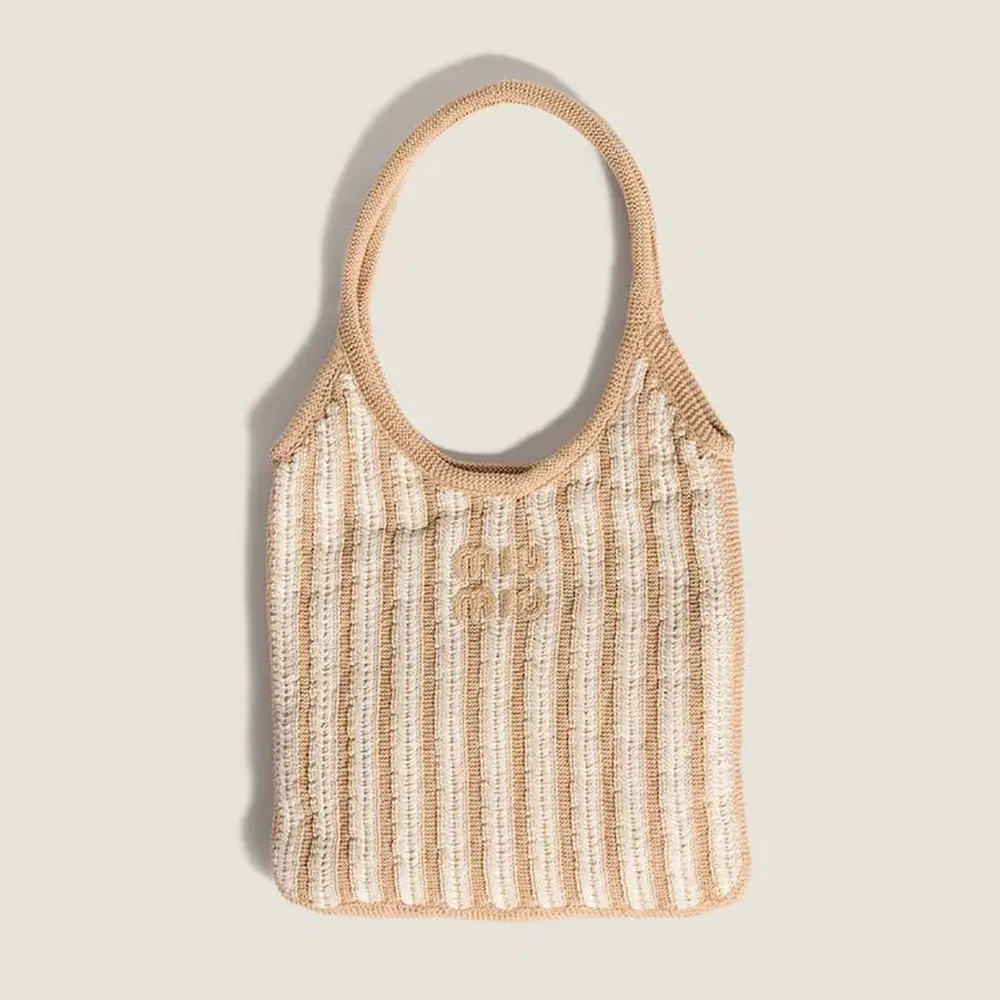 Front view of Miu Miu Women Ivy Crochet Bag-Sand/Chalk with strap