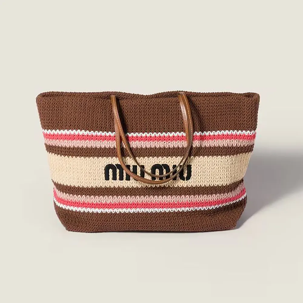 Front view of Miu Miu Women Raffia-Effect Woven Tote Bag in brown