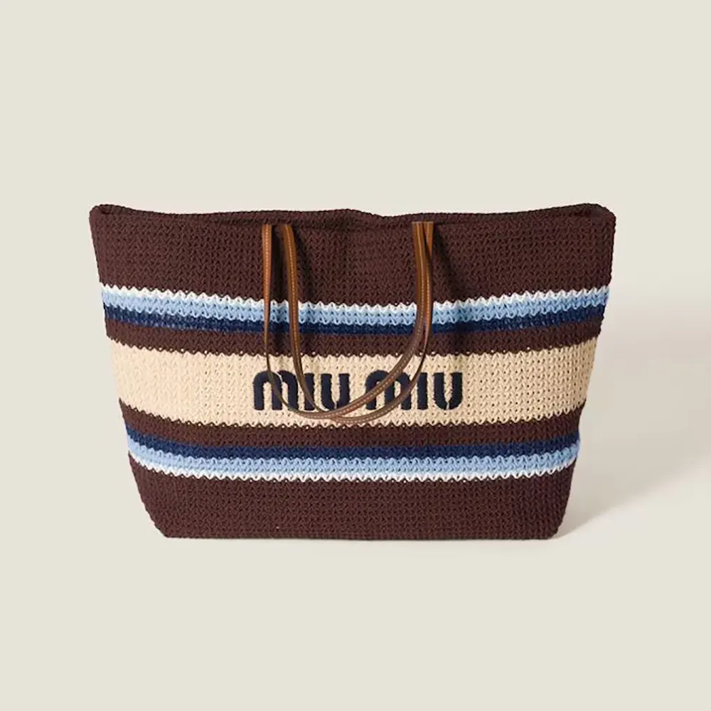 Front view of Miu Miu Women Raffia-Effect Woven Tote Bag in blue tones