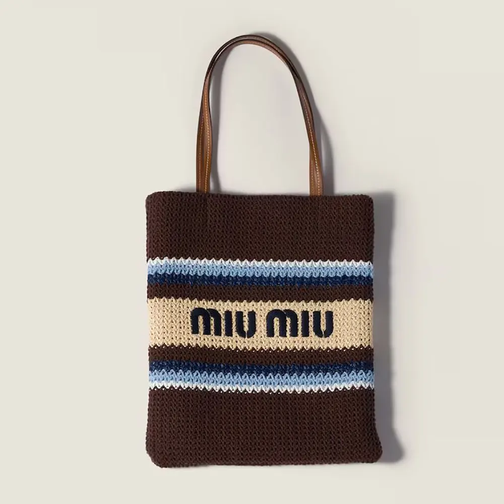 Miu Miu Women Raffia-Effect Woven Tote Bag-Cocoa Brown/Celeste/Natural